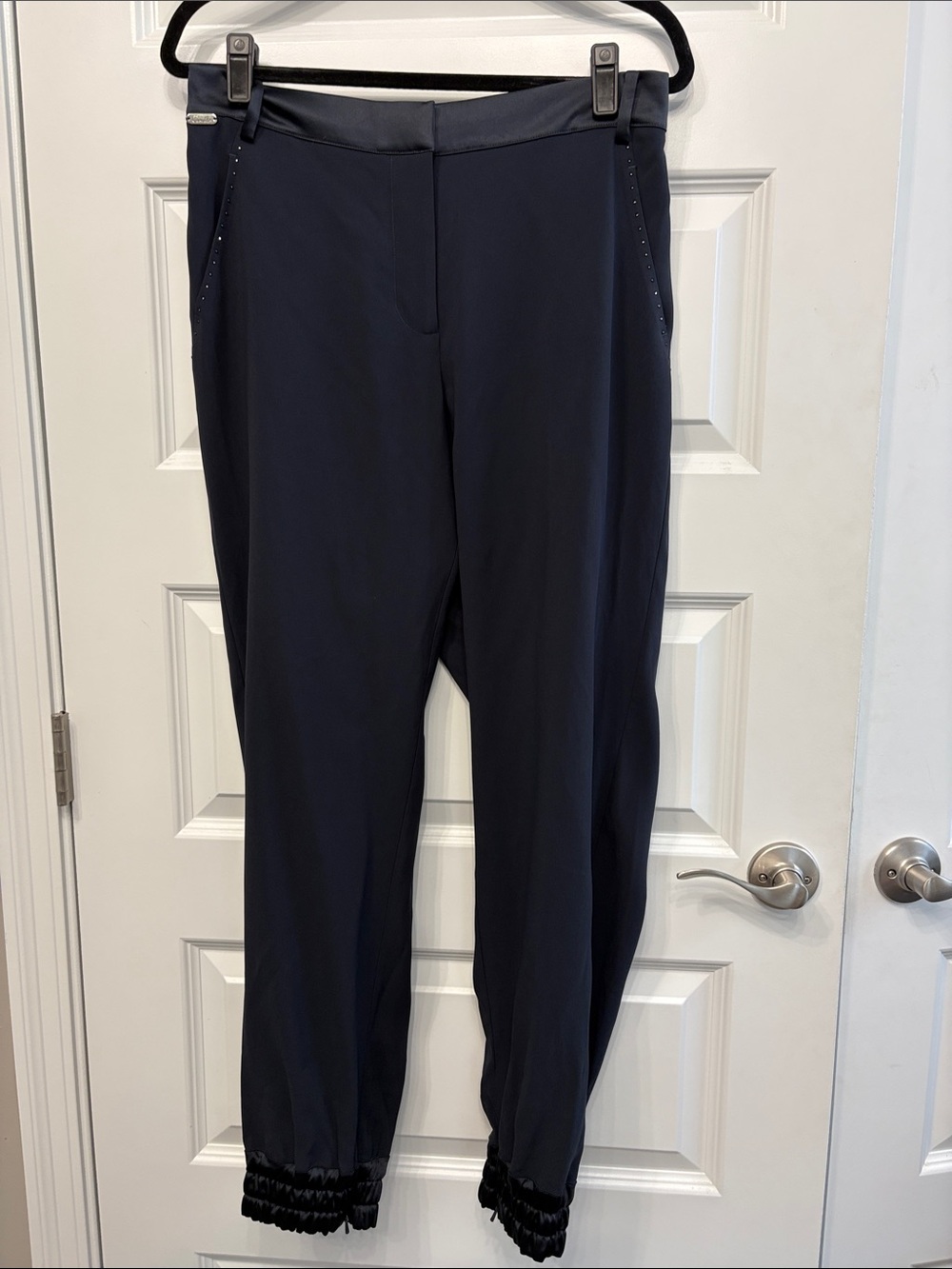 Camilla Dark Navy Satin Trimmed Embellished Dressy Jogger Pants